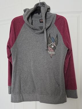 Harley-Davidson Grey and Maroon Raglan Pullover Hoodie with Eagle Emblem